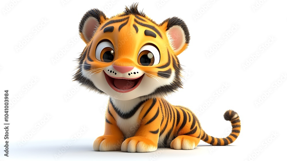 Adorable Cartoon Tiger Cub: A charming 3D rendering of a cheerful tiger cub, perfect for children's books, websites, and branding. Its expressive eyes and playful pose evoke warmth and innocence. Adorable Cartoon Tiger Cub: A charming 3D rendering of a cheerful tiger cub, perfect for children's books, websites, and branding. Its expressive eyes and playful pose evoke warmth and innocence.