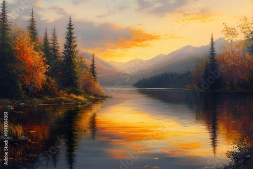 A tranquil lake surrounded by a lively autumn forest. Creates a calm and warm atmosphere.