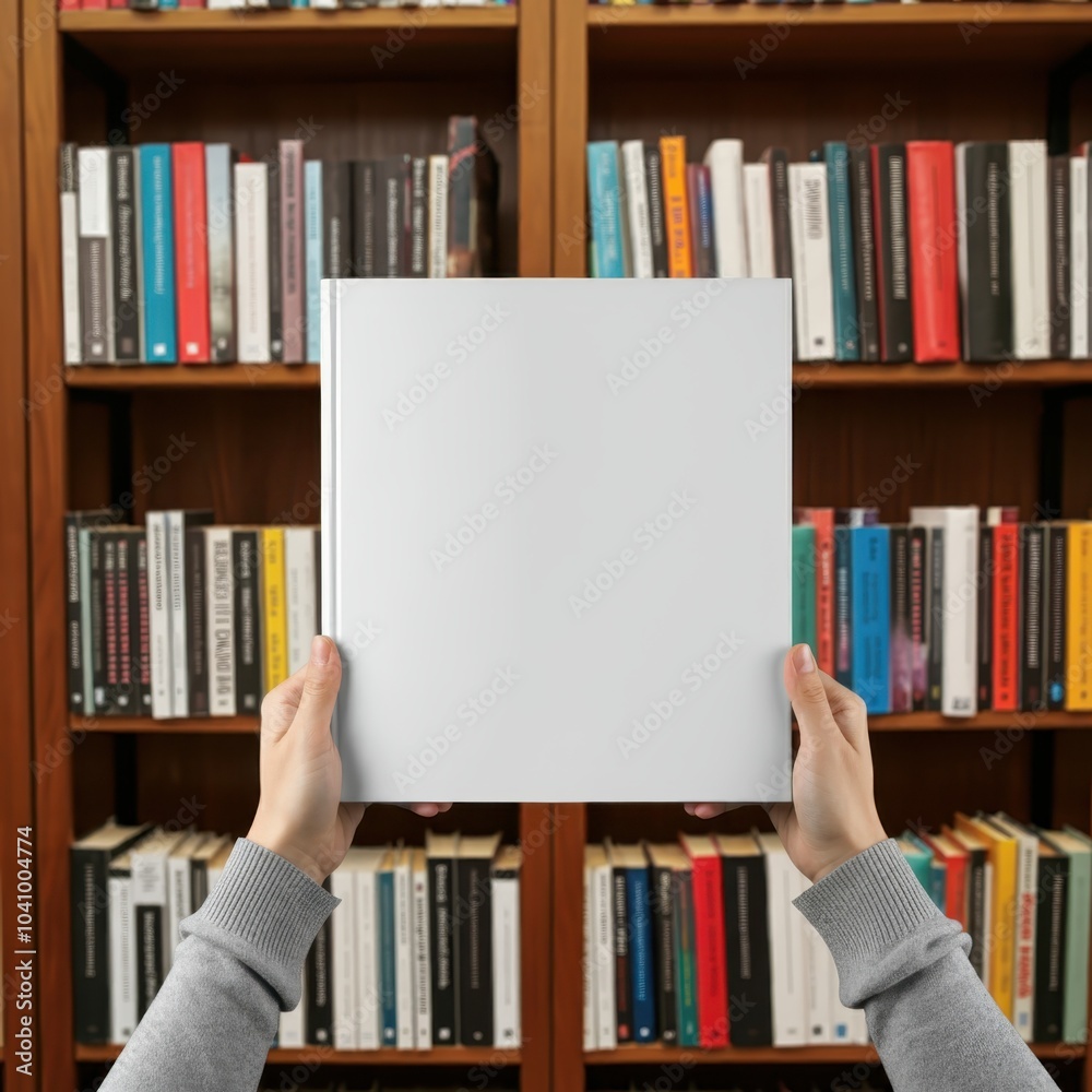 Hands holding blank white book cover, colorful bookshelf background, library setting, knowledge concept, reading inspiration, symmetrical composition, vibrant book spines, literary atmosphere, learnin Hands holding blank white book cover, colorful bookshelf background, library setting, knowledge concept, reading inspiration, symmetrical composition, vibrant book spines, literary atmosphere, learnin