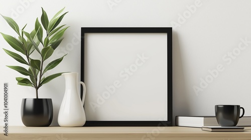 Home interior poster mock up with horizontal metal frame, succulents in basket and pile of books on white wall background. 3D rendering.