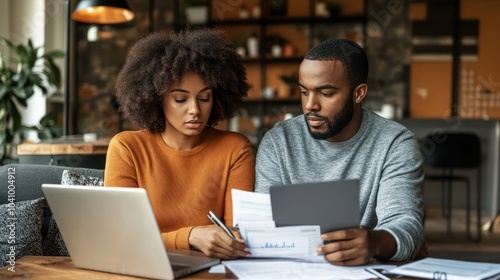 Couple with a laptop doing finance paper work, paying debt insurance loans or online ebanking together at home. Two serious people planning and looking at financial document, bills rate for mortgage