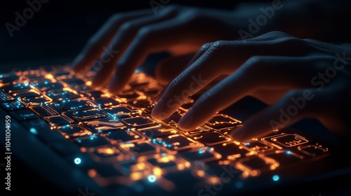 Hands typing in a dark room where every keystroke leaves behind glowing circuit patterns that gradually fade away.