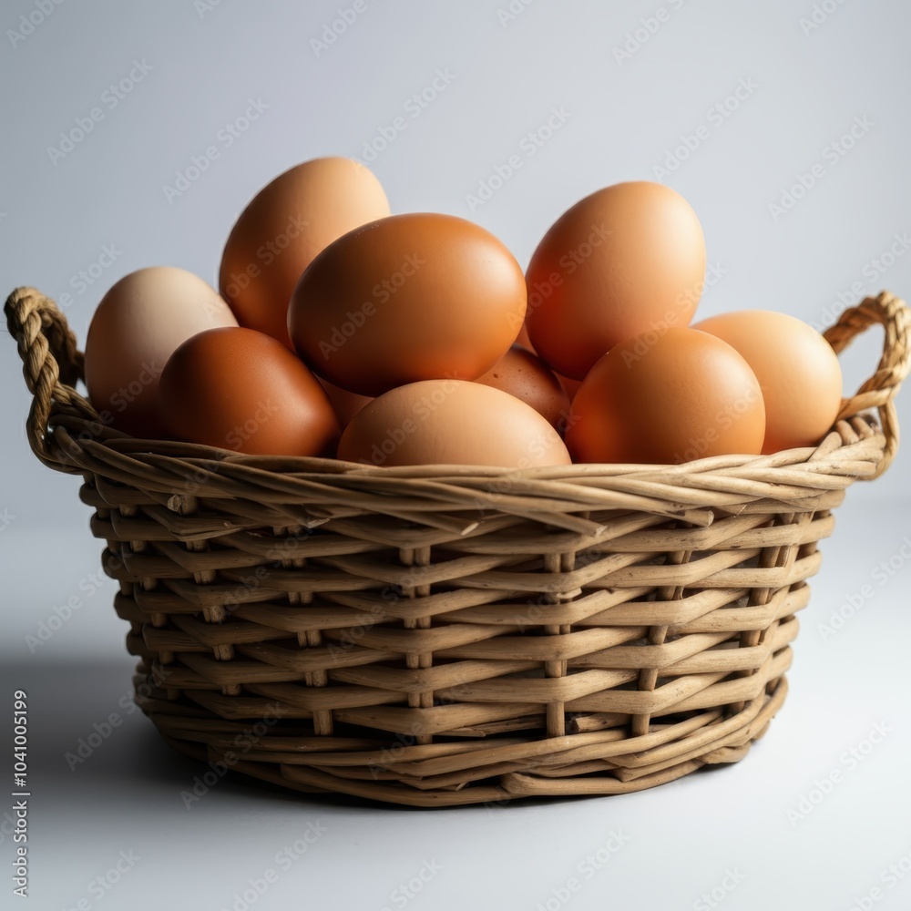 Woven basket, brown eggs, spilled eggs, organic produce, natural lighting, soft shadows, rustic setting, farm fresh, earthy tones, simple composition, close-up view, textured background, food photogra Woven basket, brown eggs, spilled eggs, organic produce, natural lighting, soft shadows, rustic setting, farm fresh, earthy tones, simple composition, close-up view, textured background, food photogra