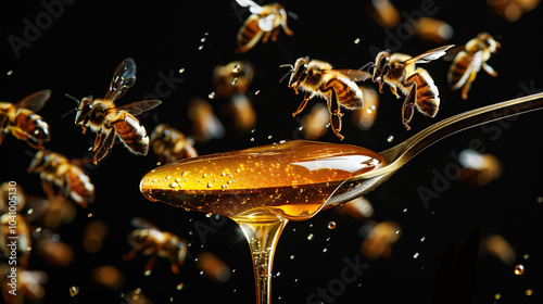 Honey dripping in a spoon, honeybee flying around   photo