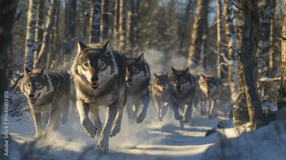 Wolves Running Through a Snowy Forest Landscape Wolves Running Through a Snowy Forest Landscape