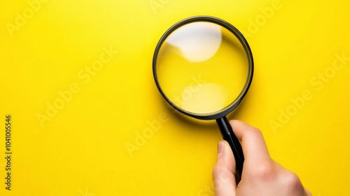 Hand with magnifying glass against a vibrant yellow backdrop.