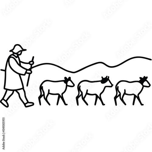 Line Art Shepherd and Cows in Field.