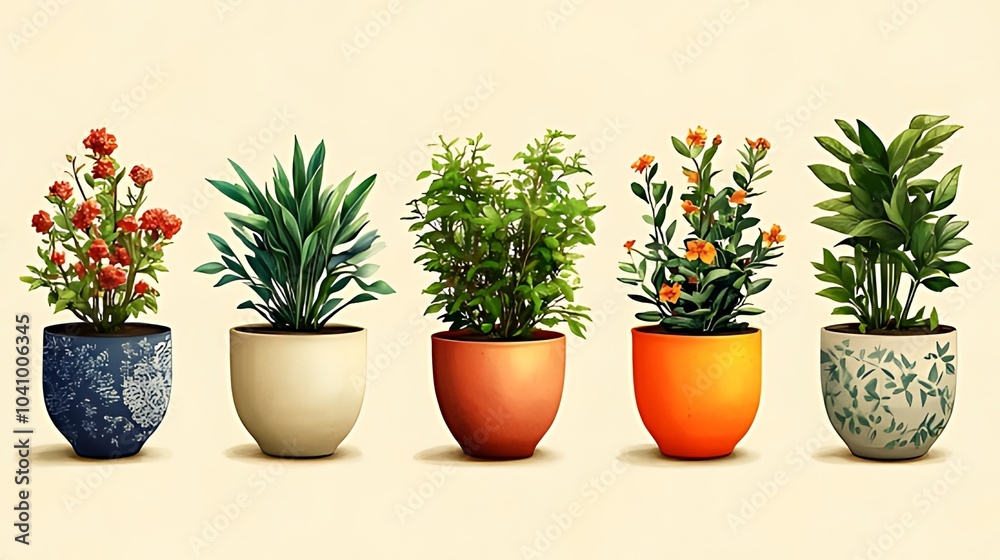 Fototapeta premium Five potted plants with different types of leaves and flowers in colorful pots on a light background.