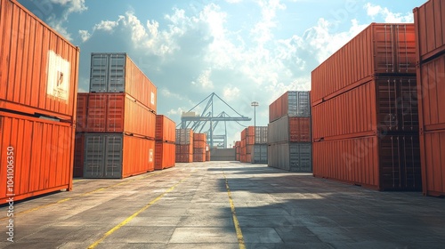 Wallpaper Mural Realistic depiction of orange logistic containers stacked at a bustling port, illustrating the vibrant colors of shipping operations, emphasizing efficiency and industry in a busy maritime environment Torontodigital.ca