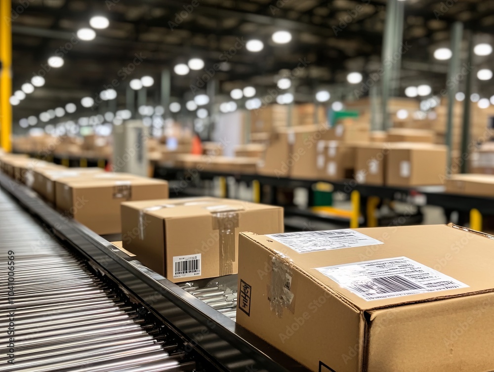 Efficient warehouse conveyor system with packed boxes Efficient warehouse conveyor system with packed boxes