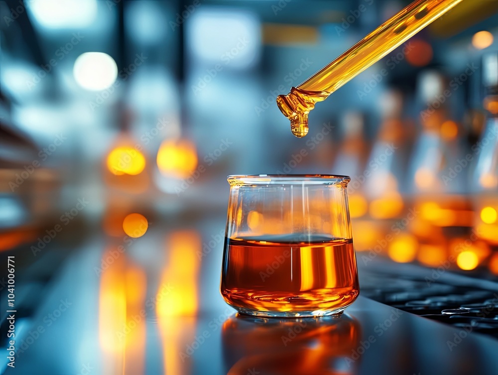 Precision dropper dispensing amber liquid in laboratory setting Precision dropper dispensing amber liquid in laboratory setting