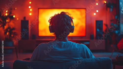 A young man wearing fashionable headphones sits comfortably in front of a large ultra-thin modern TV, gazing intently at the screen surrounded by fashionable modern decorations and vibrant colors.