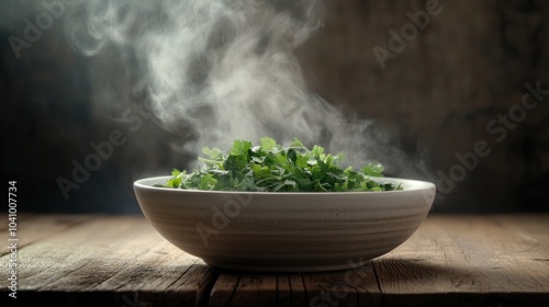 A steaming bowl of fresh cilantro on a wooden table, highlighting its vibrant green color.