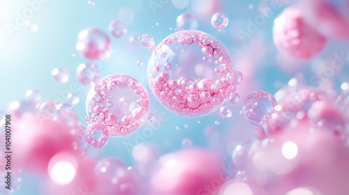 Pink bubble close-up, accompanied by clear and soft skin texture, surrounded by delicate layered texture and natural light, light blue background, high-resolution digital illustration.