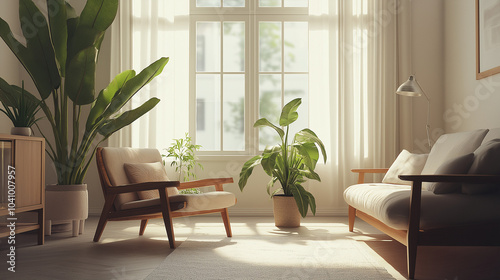 modern living room with furniture, A bright and airy living room featuring a neutral color palette, wooden furniture, cozy, and plants, with large windows letting in natural light and creating a seren photo