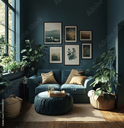 Dark blue Scandinavian home interior  with retro furniture, poster wall mock-up in living room, 3d render, Generative AI