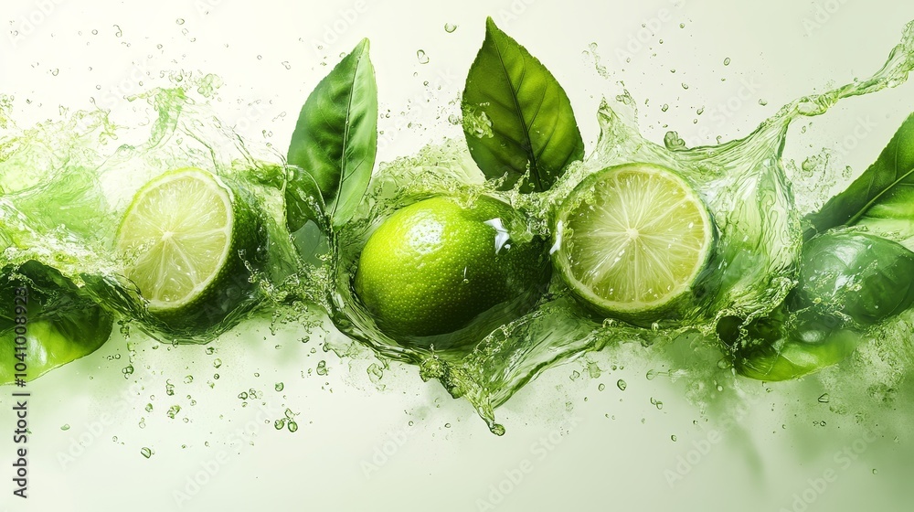 Dynamic Splash of Green Tea and Lime with Leaves and Water Droplets Creating Fresh, Vibrant Abstract Design on White Background for Product Packaging. Dynamic Splash of Green Tea and Lime with Leaves and Water Droplets Creating Fresh, Vibrant Abstract Design on White Background for Product Packaging.