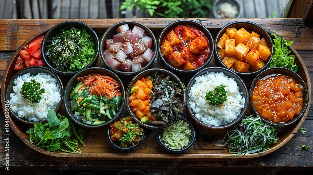 Korean Food Platter: A Delicious Feast of Kimchi, Rice, and Seafood Korean Food Platter: A Delicious Feast of Kimchi, Rice, and Seafood