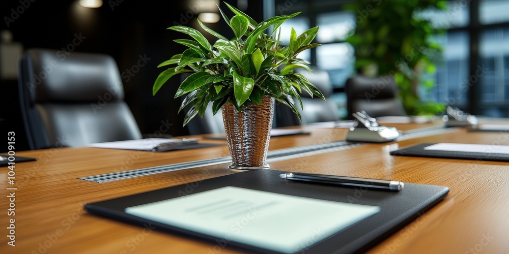 Modern Conference Room Table with Plant Pen and Documents Modern Conference Room Table with Plant Pen and Documents