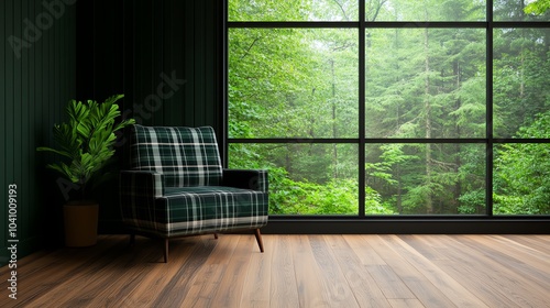 Cabininspired living room with a plaid sofa, vintage armchair, and wooden floors, rustic cabin living room, cozy forest retreat photo