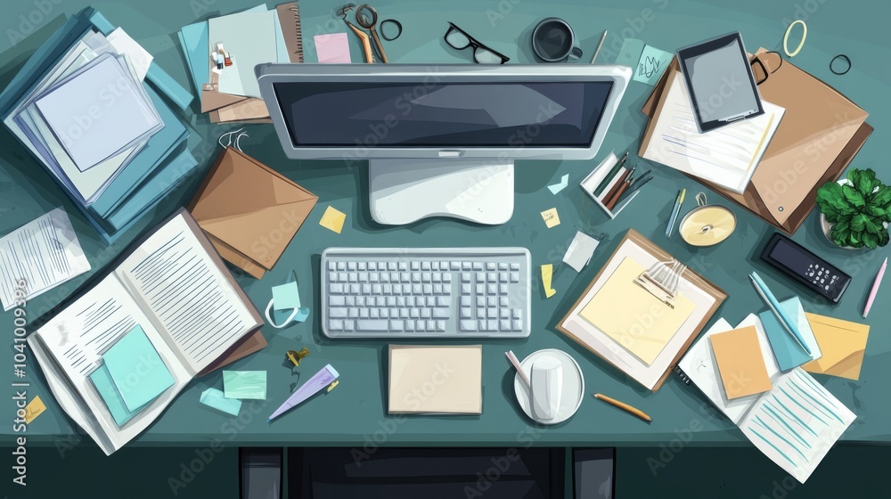 © Masque - Comparison of a dirty and clean office desk from a top view.