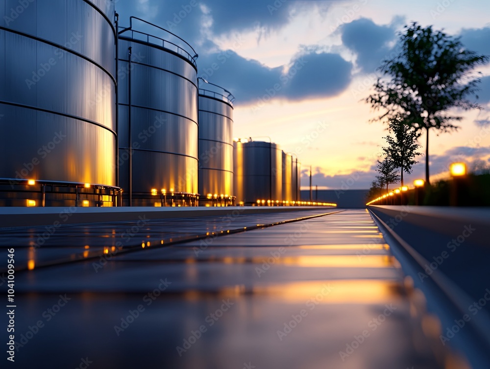 Industrial storage tanks illuminated at sunset Industrial storage tanks illuminated at sunset