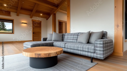 Cozy rustic living room with a plaid fabric sofa, wooden beams, and soft lighting, rustic cozy living room, cabinstyle interior photo