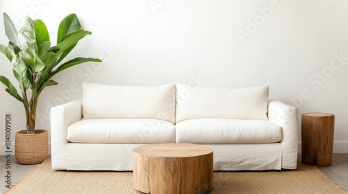 Farmhouse living room with a linen slipcover sofa, reclaimed wood furniture, and a soft wool rug, rustic farmhouse living room, charming and warm photo