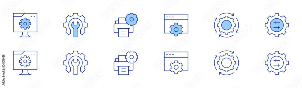 Configuration icon set in two styles, Duotone and Thin Line style. Editable stroke. settings, process, printer Configuration icon set in two styles, Duotone and Thin Line style. Editable stroke. settings, process, printer