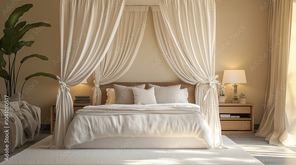 room with bed, A bedroom with a luxurious canopy bed, soft linens, tables with lamps, a plush area rug, and soothing neutral room with bed, A bedroom with a luxurious canopy bed, soft linens, tables with lamps, a plush area rug, and soothing neutral