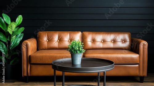 Rustic industrial living room with a brown leather sofa, metal accents, and exposed brick walls, rustic industrial living room, urbanmeetsnature photo