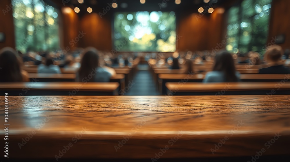 Audience in a seminar hall with wooden seating and soft lighting. Audience in a seminar hall with wooden seating and soft lighting.