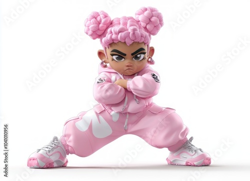 Stylish cartoon character with pink hair, in a dynamic pose against white background.