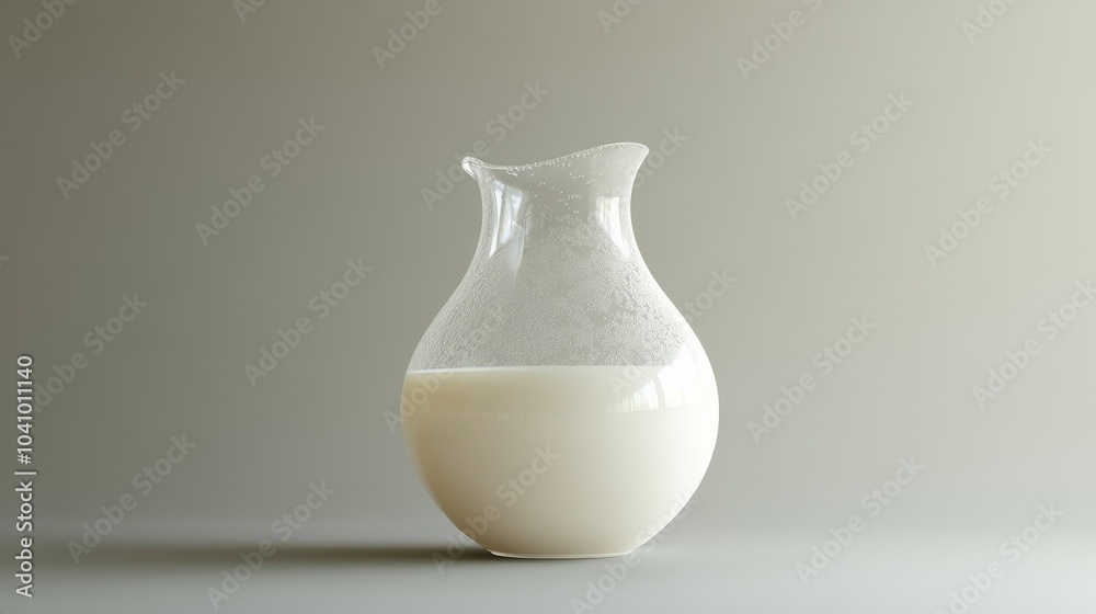 Clear Glass Jug Filled with Fresh Milk Against a Gray Background, Showcasing the Creamy Texture and Purity of Dairy Products for Culinary and Beverage Use. Clear Glass Jug Filled with Fresh Milk Against a Gray Background, Showcasing the Creamy Texture and Purity of Dairy Products for Culinary and Beverage Use.