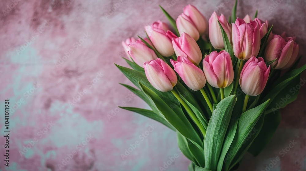 Obraz premium Pink tulip bouquet celebrating spring with floral beauty. Women's Day tribute.