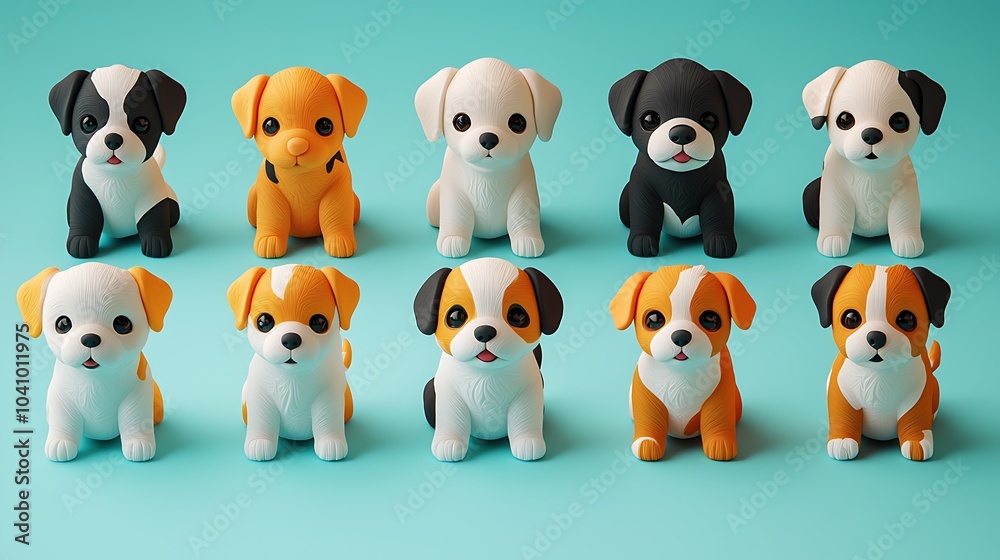 Adorable Puppy Figurines: A collection of ten adorable puppy figurines, each with unique color combinations and expressions, are arranged in two rows on a soft blue background. Adorable Puppy Figurines: A collection of ten adorable puppy figurines, each with unique color combinations and expressions, are arranged in two rows on a soft blue background.