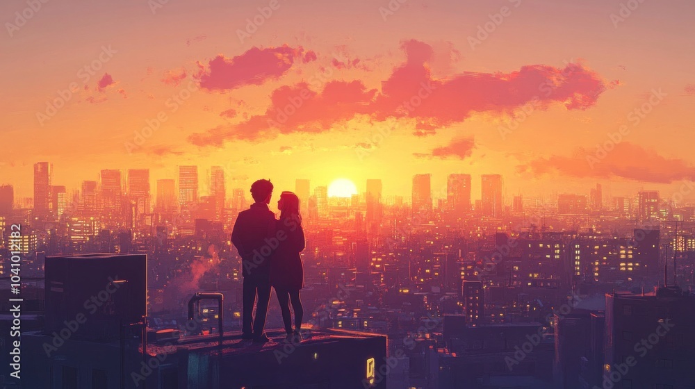 Fototapeta premium Lofi couple enjoying cityscape afternoon. Warm romantic glow with chill hip hop vibe. Urban relaxation.
