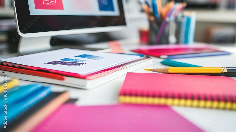 A close-up of a white desk with various office supplies, including a computer monitor, notebooks, pencils, and sticky notes. A close-up of a white desk with various office supplies, including a computer monitor, notebooks, pencils, and sticky notes.
