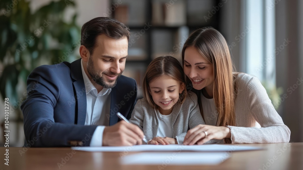 Happy young family at meeting in office signs document on purchase of real estate or loan agreement. Head of bank, realtor or financial advisor submits contract and indicates place of its signing.. Happy young family at meeting in office signs document on purchase of real estate or loan agreement. Head of bank, realtor or financial advisor submits contract and indicates place of its signing..