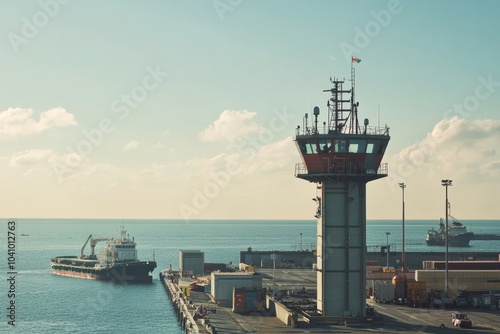 Depict a port's control tower overseeing maritime traffic. Highlight the importance of communication and navigation in port management, Generative AI  photo