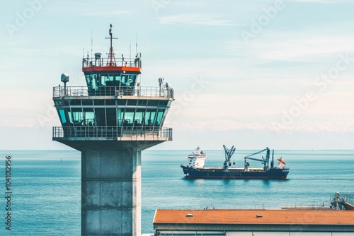 Depict a port's control tower overseeing maritime traffic. Highlight the importance of communication and navigation in port management, Generative AI  photo