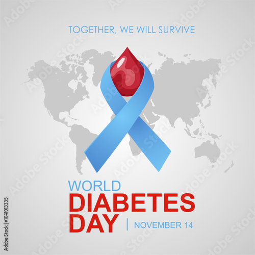 World Diabetes Day 14th November 2024 Background Design with Blue Ribbon and Blood Drop Illustration. Best for Diabetes Awareness Campaign, Banner, Poster, Template. Vector Illustration