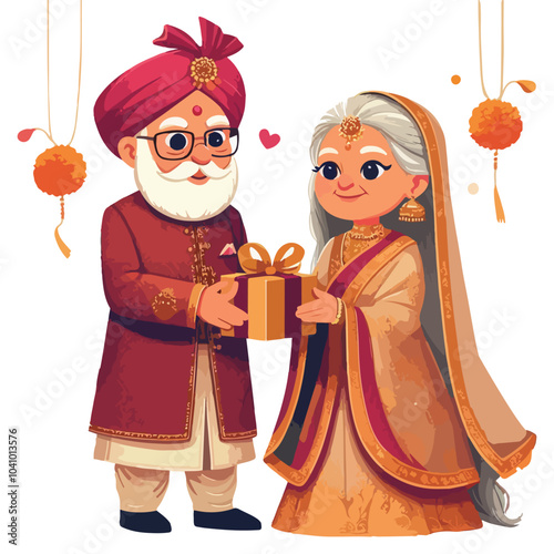 An elderly Indian couple in a festive sherwani and a gharara. Exchanging gifts cartoon. Celebration festival Diwali Deepavali
