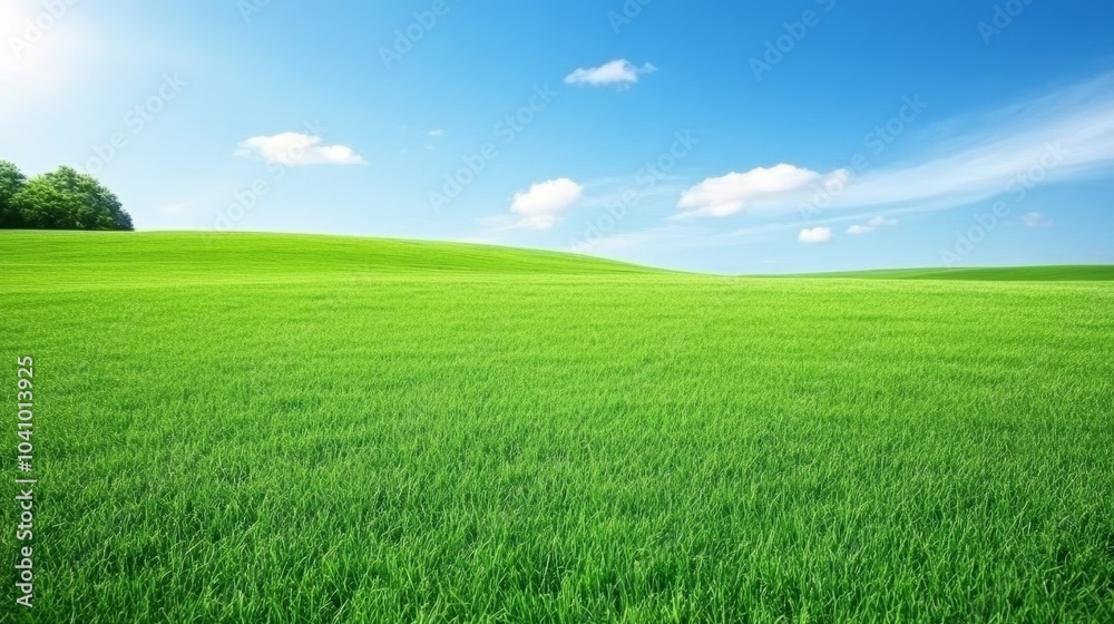 A vast green field stretches under a bright blue sky with fluffy white clouds. A vast green field stretches under a bright blue sky with fluffy white clouds.
