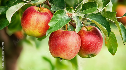 Fresh apples hanging on tree branch, showcasing vibrant colors and lush leaves