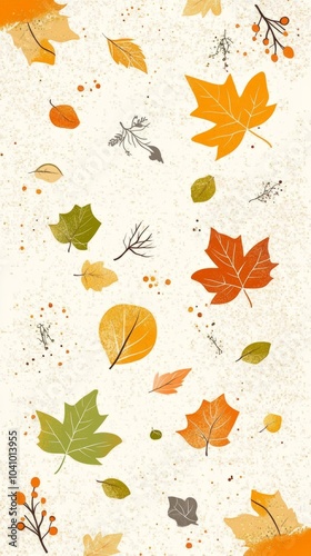 A vertical seamless pattern of autumn leaves in various colors and shapes on a white background.