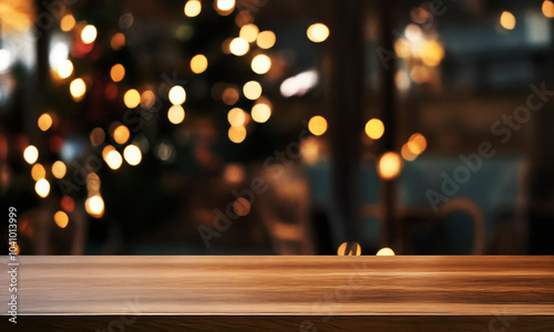 PRODUCT BACKGROUND WITH OUTFOCUSED WARM CHRISTMAS CAFE BEHIND photo