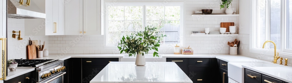 A modern kitchen featuring sleek black cabinets, white countertops, and natural light from large windows, highlighted by decorative plants. A modern kitchen featuring sleek black cabinets, white countertops, and natural light from large windows, highlighted by decorative plants.