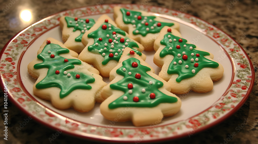 Fototapeta premium Delicious Christmas tree cookies decorated with green icing and sprinkles