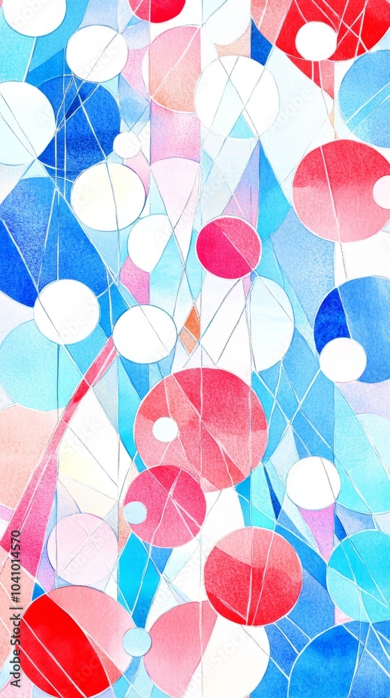 Abstract watercolor painting with geometric shapes in blue, red, and white. Abstract watercolor painting with geometric shapes in blue, red, and white.